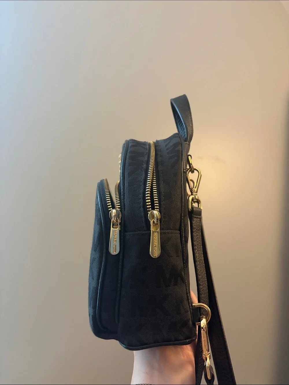 Michael Kors Black Logo Mini Backpack with Gold Hardware
